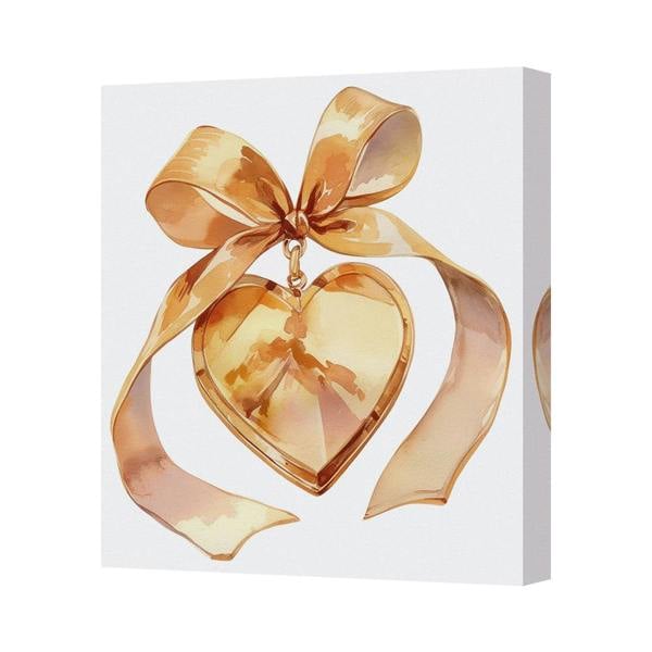 Benjamin Tate Design Gold Heart Canvas Print With Ribbon Bow Framed Wall Art Handmade In UK