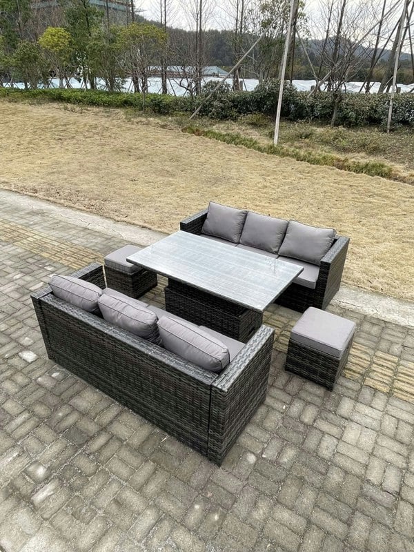 Fimous 8 Seater?Outdoor Rattan Sofa Set Garden Furniture Adjustable Rising Lifting Dining Table Footstools Dark Grey Mixed