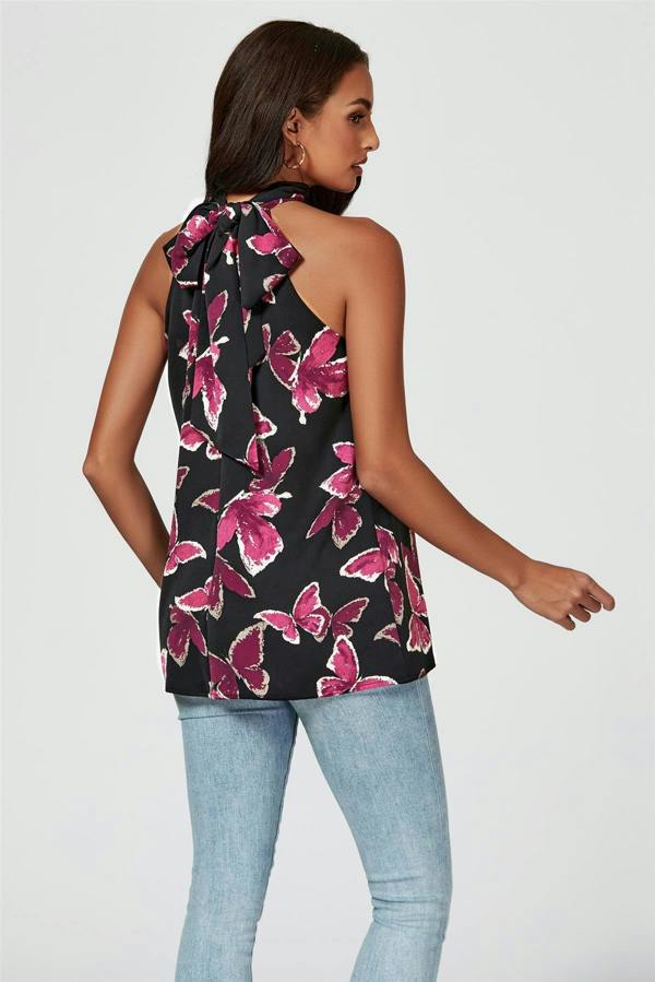 FS Collection Butterfly Print Halter Neck Tie Back Top In Black