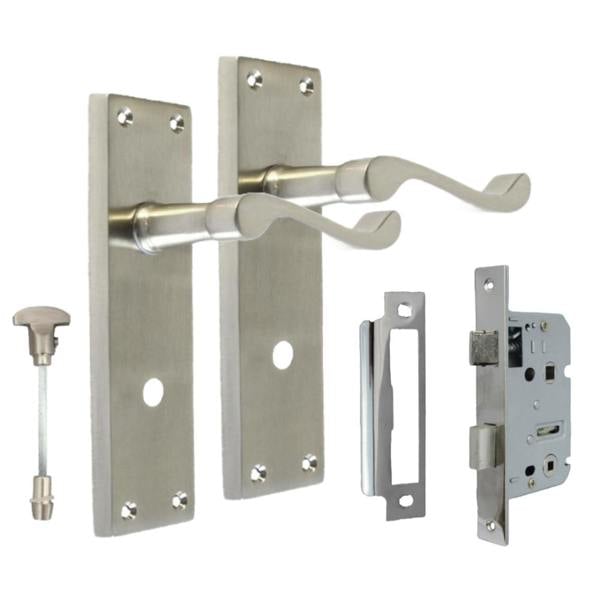 EDH Door Hardware Victorian Style Satin Bathroom Door Handle with Privacy Lock+Bathroom SASH Lock, 2 pairs