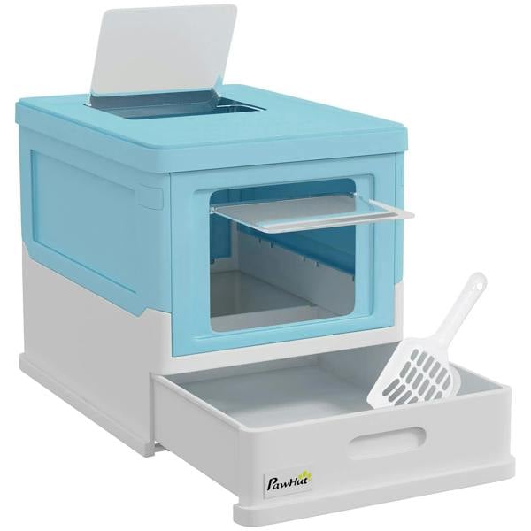 Light blue hooded cat litter box with front entry, open lid, scoop and PawHut drawer