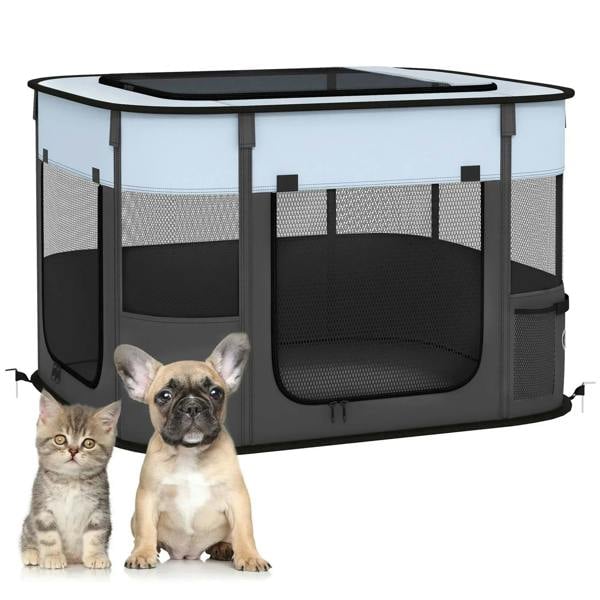 Portable foldable dog pen, grey frame with mesh sides and top cover, front open door