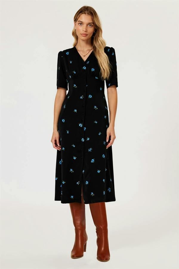 FS Collection Blue Floral Print Button Front Midi Dress In Black