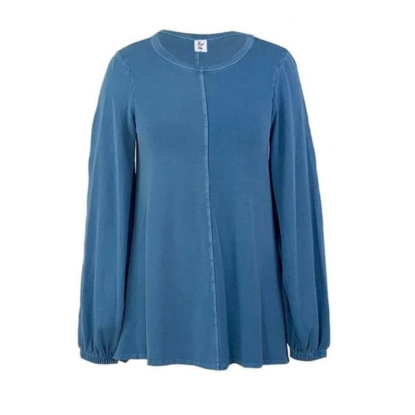 This is a Wedgwood blue coloured top with a round neck against a white background. The long blouson sleeves end in an elasticated cuff. The garment is a fit and flare style with a feature centre front seam.. The top sits at hip level.