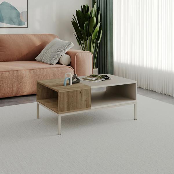 Decortie Modern Rectangular Coffee Table with Dual-Side Open Shelf Storage, Living Room, Office, Metal Legs