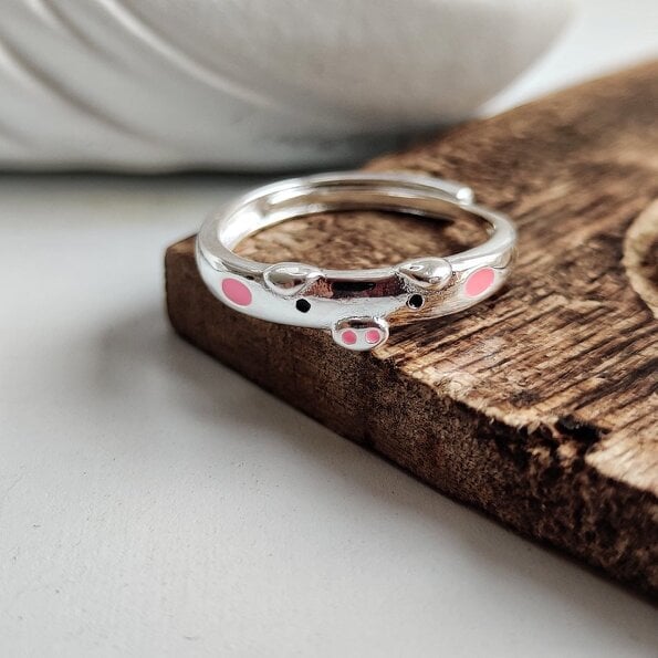 The Colourful Aura Pink Pig Minimalist Tiny Silver Adjustable Animal Slim Band Ring