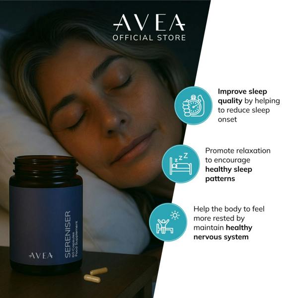 AVEA Sereniser (60 Capsules) - Natural Sleep Support - L-Theanine, Magnesium & Vitamin B6 - Deeper Sleep & Boosted Morning Alertness - Vegan Friendly