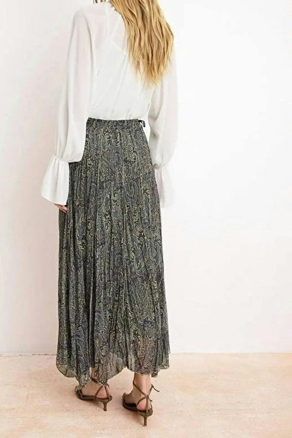 WOVCOR Chiffon Pleated Lined Ethnic Pattern Maxi Skirt