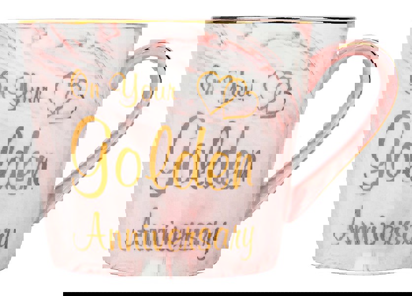 Beautiful 50th Anniversary Grey and Pink Marble Ceramic Mugs with Golden Trim Image 3
