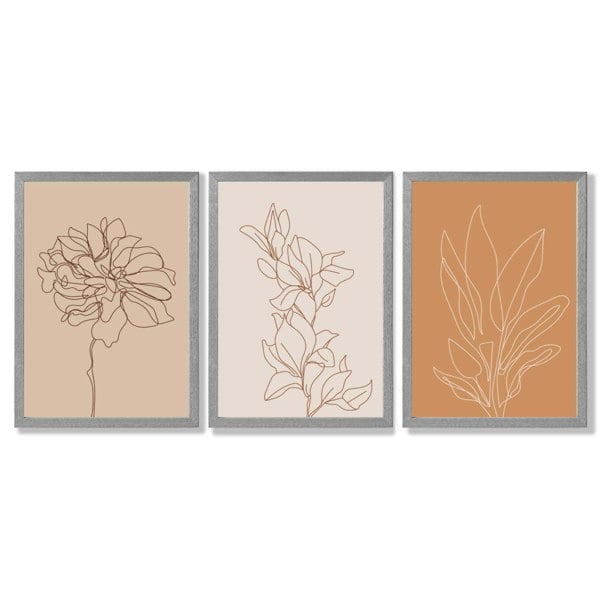 Set of 3 Minimalist Floral Beige Terracotta Framed Art Prints with Light Grey Wooden Frames