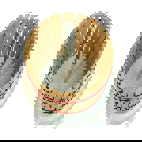 KuKoo 12 Litre Fruit Press featuring a wooden slat basket, metal screw mechanism, and sturdy white base for efficient juice extraction