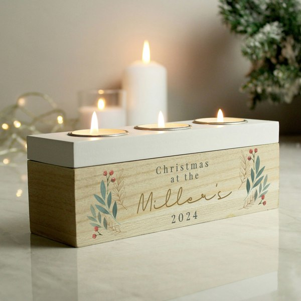 Personalised Memento Company Personalised Christmas Foliage Triple Tea Light Box