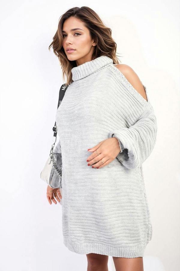 Bria High Neck Oversized Open Shoulder Long Sleeve Knitted Jumper - Grey
