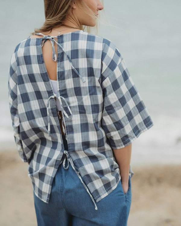 Oragnic Cotton Doris Multicolour Marine Check Print Tie Back Top- image 1
