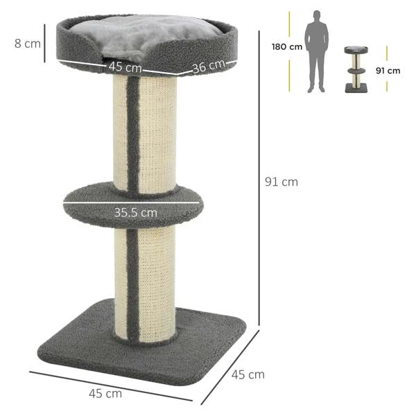 Grey cat tree with three levels: top bed, middle perch, and round base