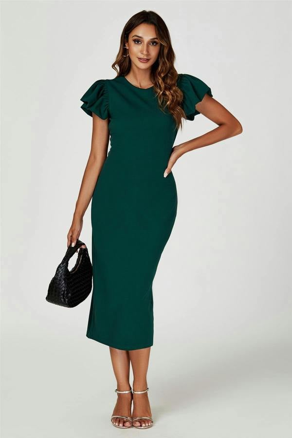 FS Collection Volume Sleeve Bodycon Midi Dress In Green