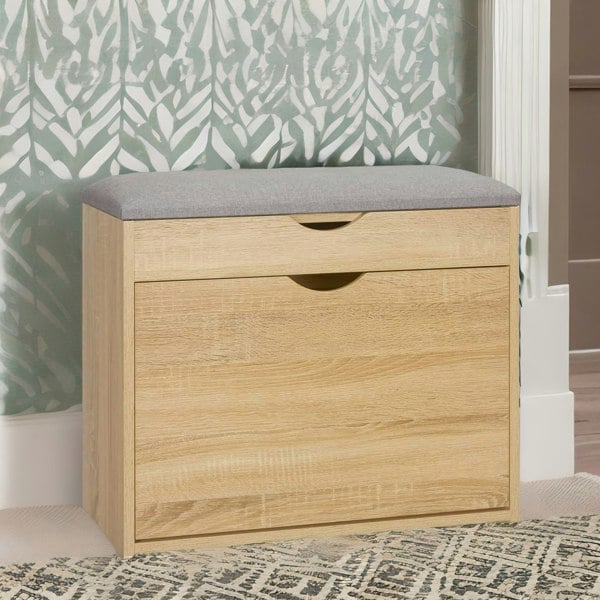Rafaelo Mobilia Shoe Storage Bench With Cushioned Seat and Hidden Storage Natural Brown
