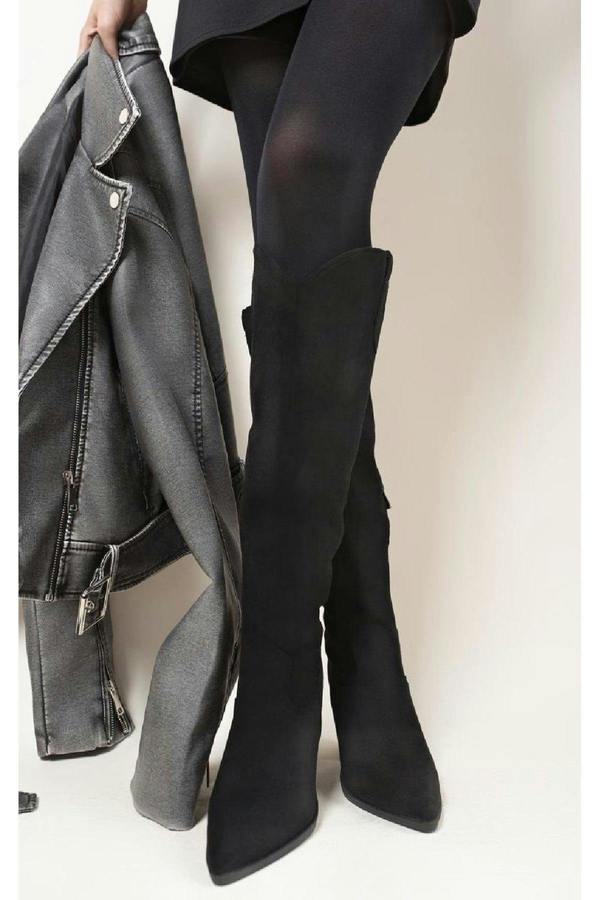 Aletta Pointed Toe Block Heel Knee High Boots - Black