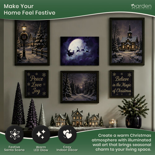Christmas Santa Sleigh Canvas Print with LED Lights, 40 x 30cm, Stretched Wooden Frame, Battery Powered, Indoor Decoration