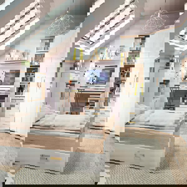 Furniture To Go 4Kids 1 Drawer bedside Cabinet in Light Oak and white High Gloss (orange handles)