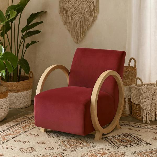 Wyld Haus Aracaju Plum Red Velvet and Oak Ring Armchair