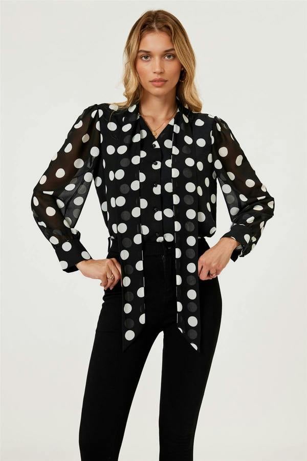 FS Collection Dot Print Tie Detail long sleeve Blouse Top In Black