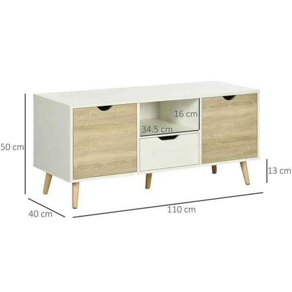 TV unit cabinet with two side doors and center drawer, natural wood-effect panels.