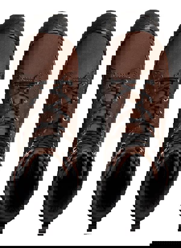 Red Wing Shoes Red Wing VersaPro 3030 Mens S7L Tall 8" Waterproof Safety Ankle Boots, top view showing brown leather upper, black toe cap, and sturdy laces for durability and safety.