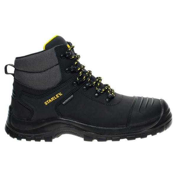 Stanley Richmond Mens Steel Toe/Midsole Safety Work Boots, black high-top work boots with waterproof material, black and yellow laced, padded ankle collar, rugged outsole, and steel toe protection.