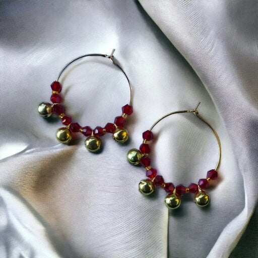 The Colourful Aura Gold Red Ghungroo 30mm Huggie Multicolour Dainty Boho Summer Hoop Bali Earring