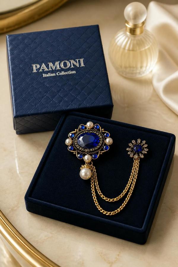 Pamoni Royal Blue Gemstone & Pearl Lapel Chain Brooch
