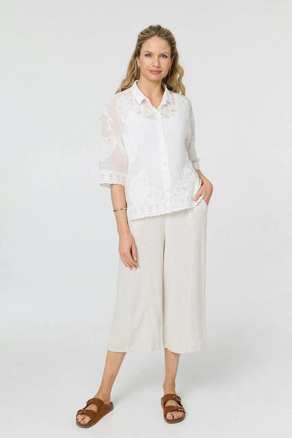 White | Embroidered Trim 3/4 Sleeve Shirt