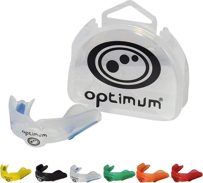 Clear Optimum Matrix mouthguard with branded case and colour options: yellow, black, green, orange, red - Optimum