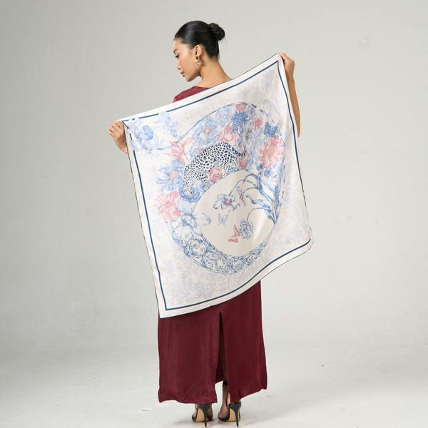 Leopard & Floral Twill Silk Scarf – Printed Mulberry Silk, Gift for Her