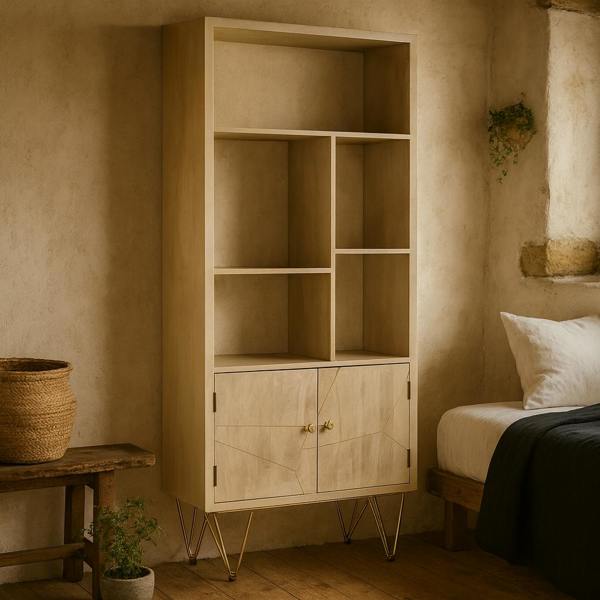 Wyld Haus Manila Light Gold Large Bookcase 2 Doors 5 Shelves