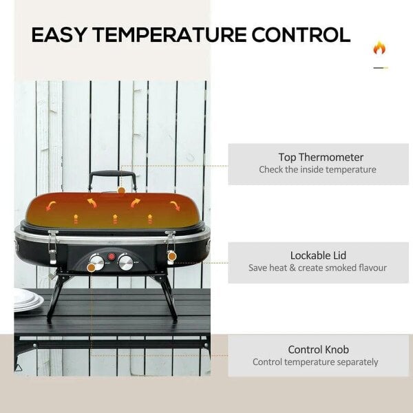 Bobobiy Foldable Gas BBQ Grill 2 Burner Table Top Barbecue with Lid Piezo Ignition Thermometer for Camping Picnic Cooking, Aluminium Alloy