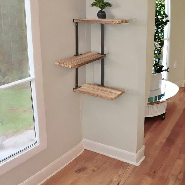 Rafaelo Mobilia 3 Tier Wall Mounted Floating Corner Shelf Rustic Brown