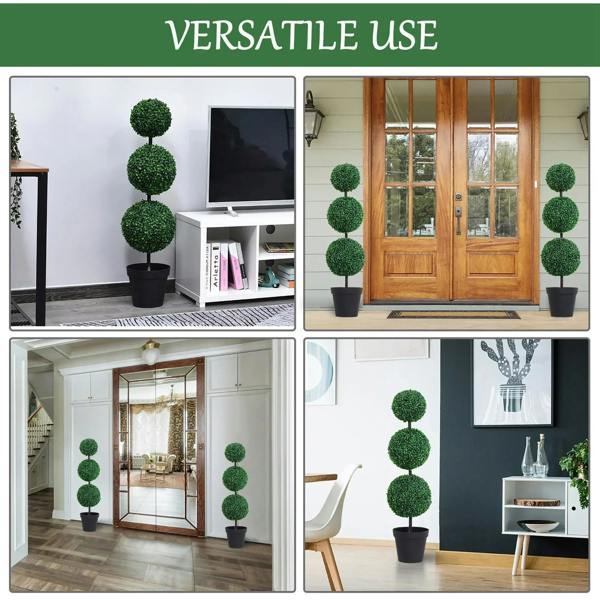 Three-tier green pom-pom topiary plant in black pot, shown styled in rooms