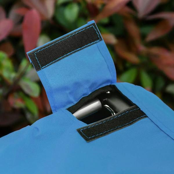 Close-up of blue fabric handle/strap attachment on pet bike trailer