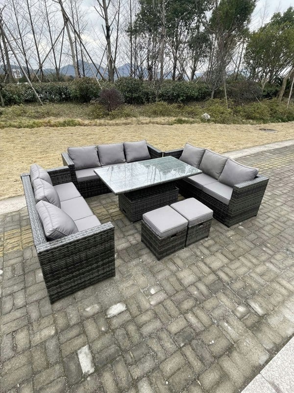 Fimous U Shape?Outdoor Rattan Garden Furniture Sofa Set Lounge Adjustable Rising Lifting Tables Footstool Dark Grey Mixed