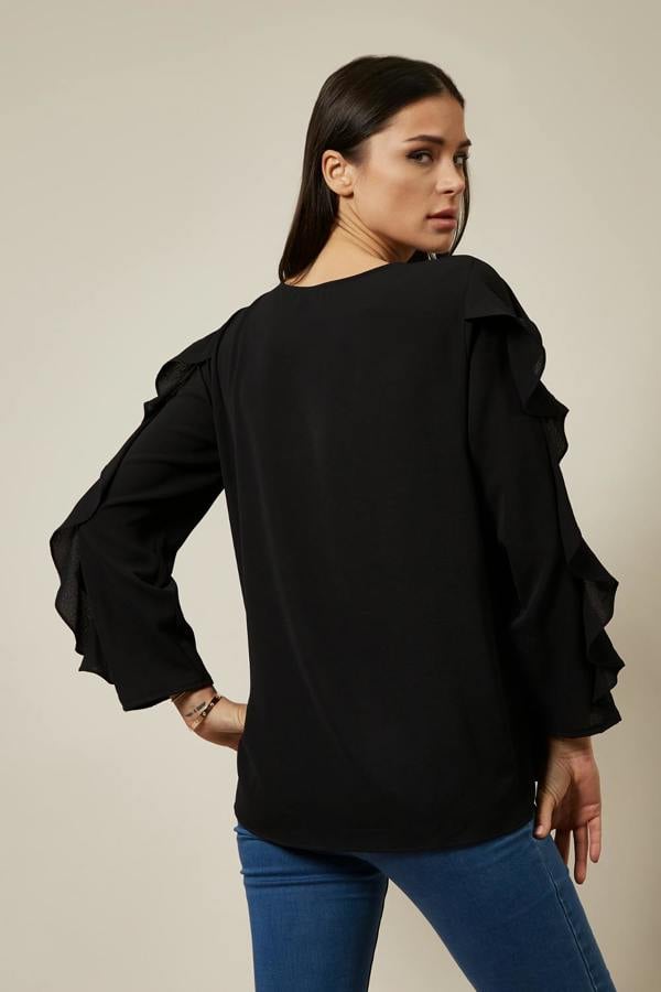 Hoxton Gal Oversized Ruffle Sleeve Relaxed Fit Top In Black