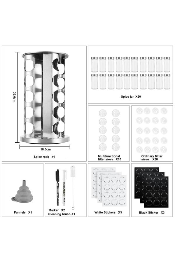 Dyzi 5 Tier Stainless Steel 360° Rotating Spice Rack with 20 Jars Silver