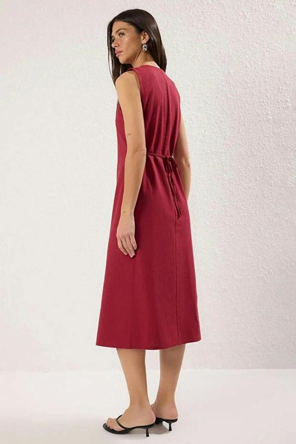 Belted Linen Blend V Neck Midi Shirt Dress