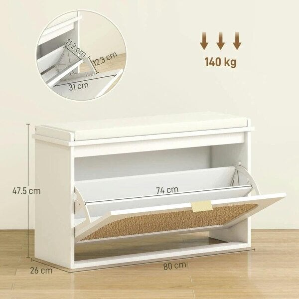 Boho Shoe Bench with Padded Seat and Flip-Drawer - White