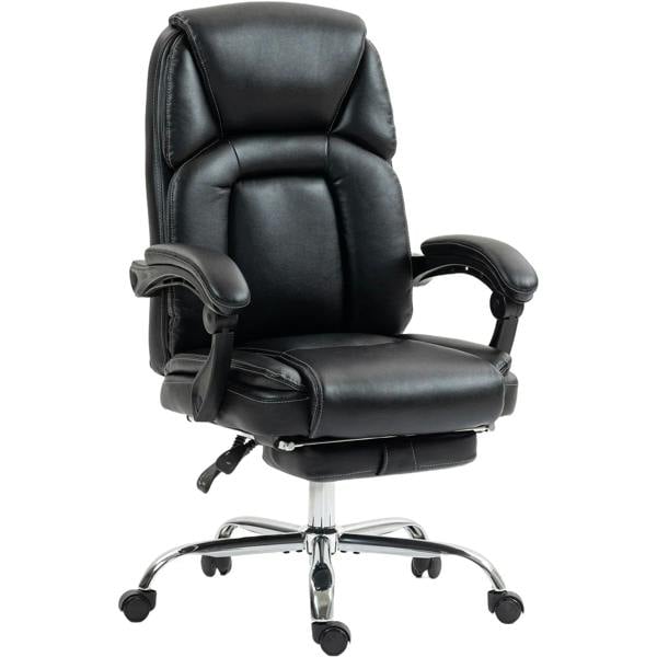 Black faux leather reclining office chair with footrest, padded arms, rolling casters