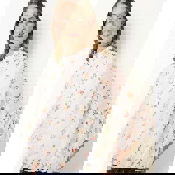 Blue Vanilla High Neck Frill Sleeve Dobby Floral Print Puffball Blouse