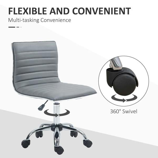 Light grey armless swivel office chair with thick padded seat and wheeled base