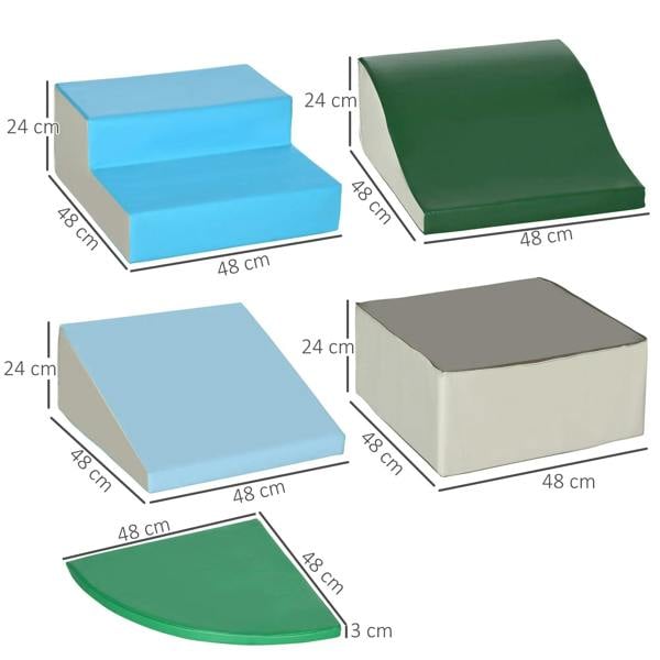 6-piece foam play set parts in blue, green, and gray with size guides