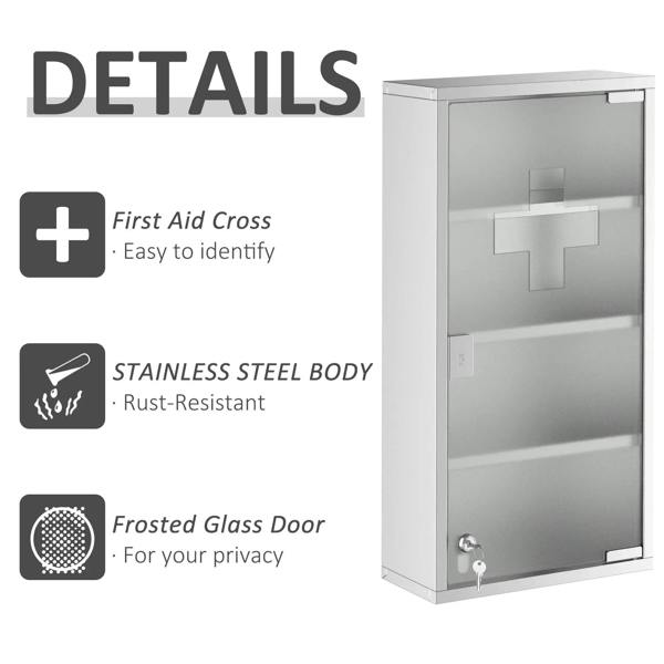 Stainless medicine cabinet with frosted glass door and cross-style organizer inside