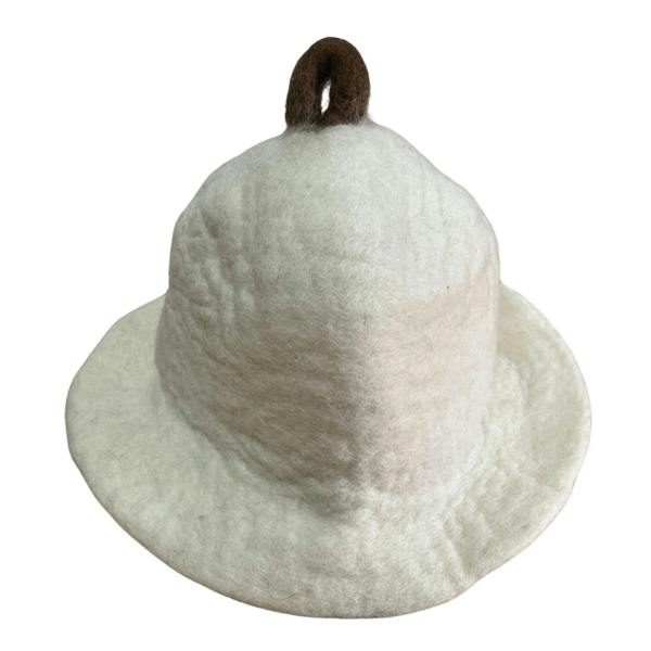 Felted sauna bowl hat, light gray with brown top pom and loop